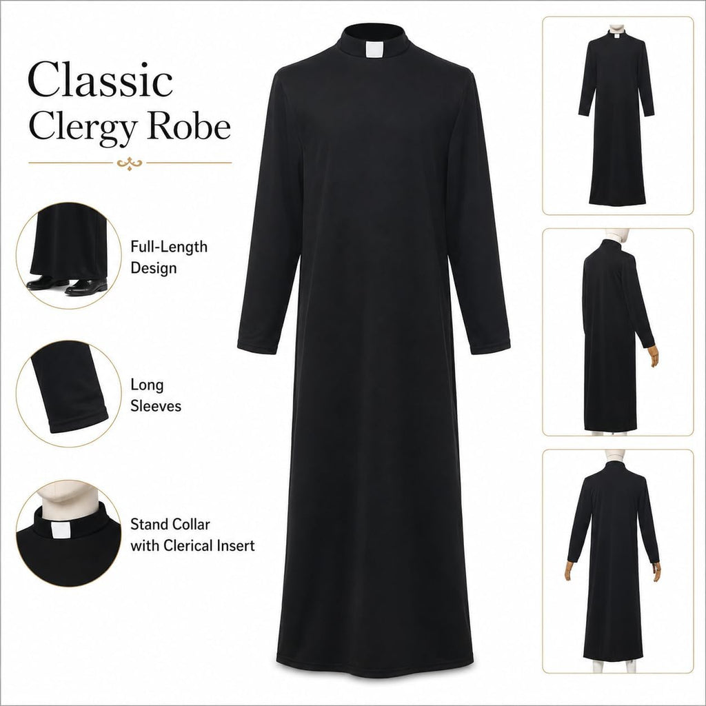 Unisex Cassocks Pulpit Robes Clergy Vestments Pastor Bishop Costume with Tab Insert Collar