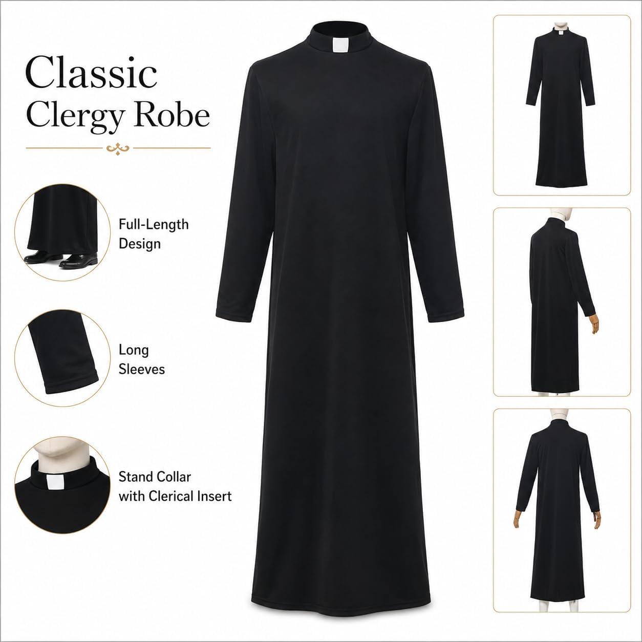 Unisex Cassocks Pulpit Robes Clergy Vestments Pastor Bishop Costume with Tab Insert Collar