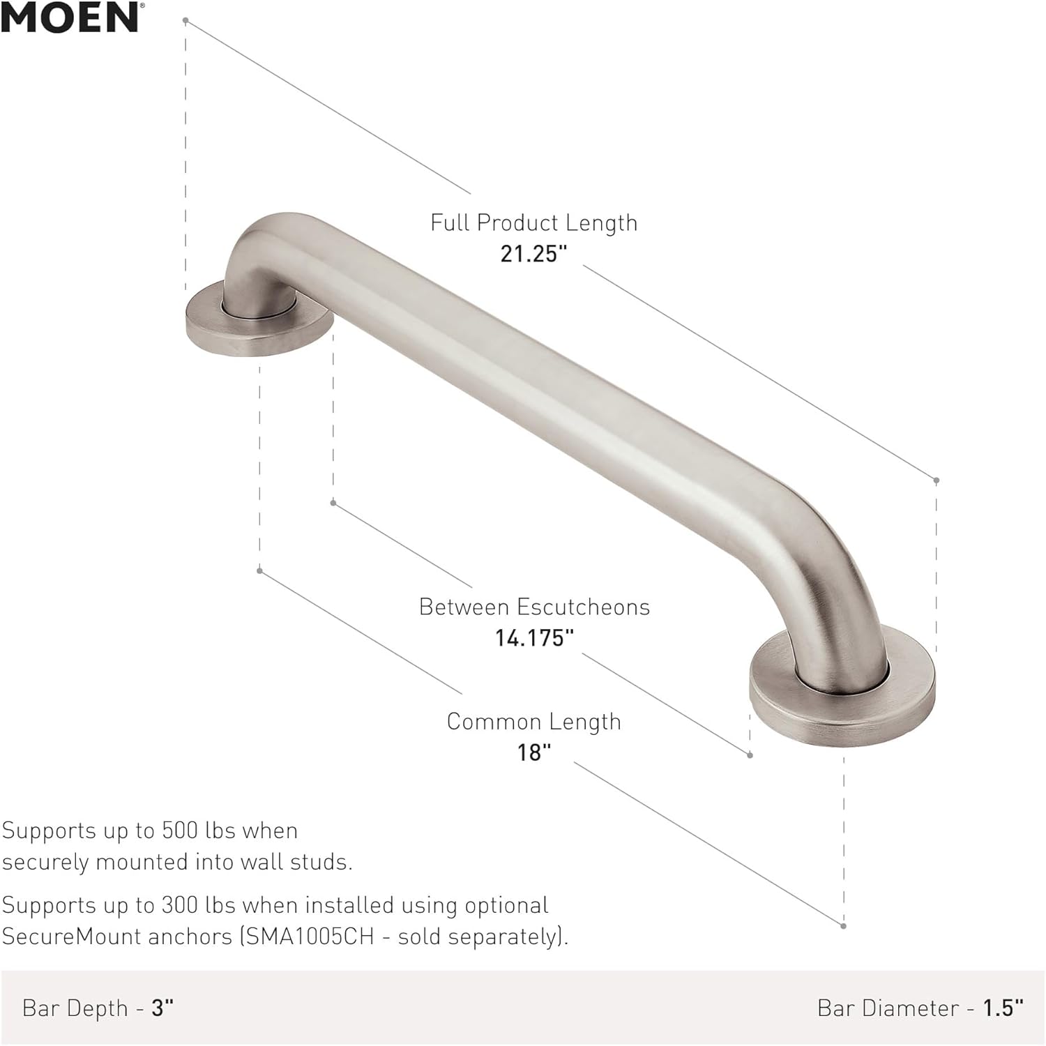 Home Care Bathroom Safety 18 Inch Stainless Steel Handicap Grab Bar for Bathtub and Shower, Slip Resistant Finish