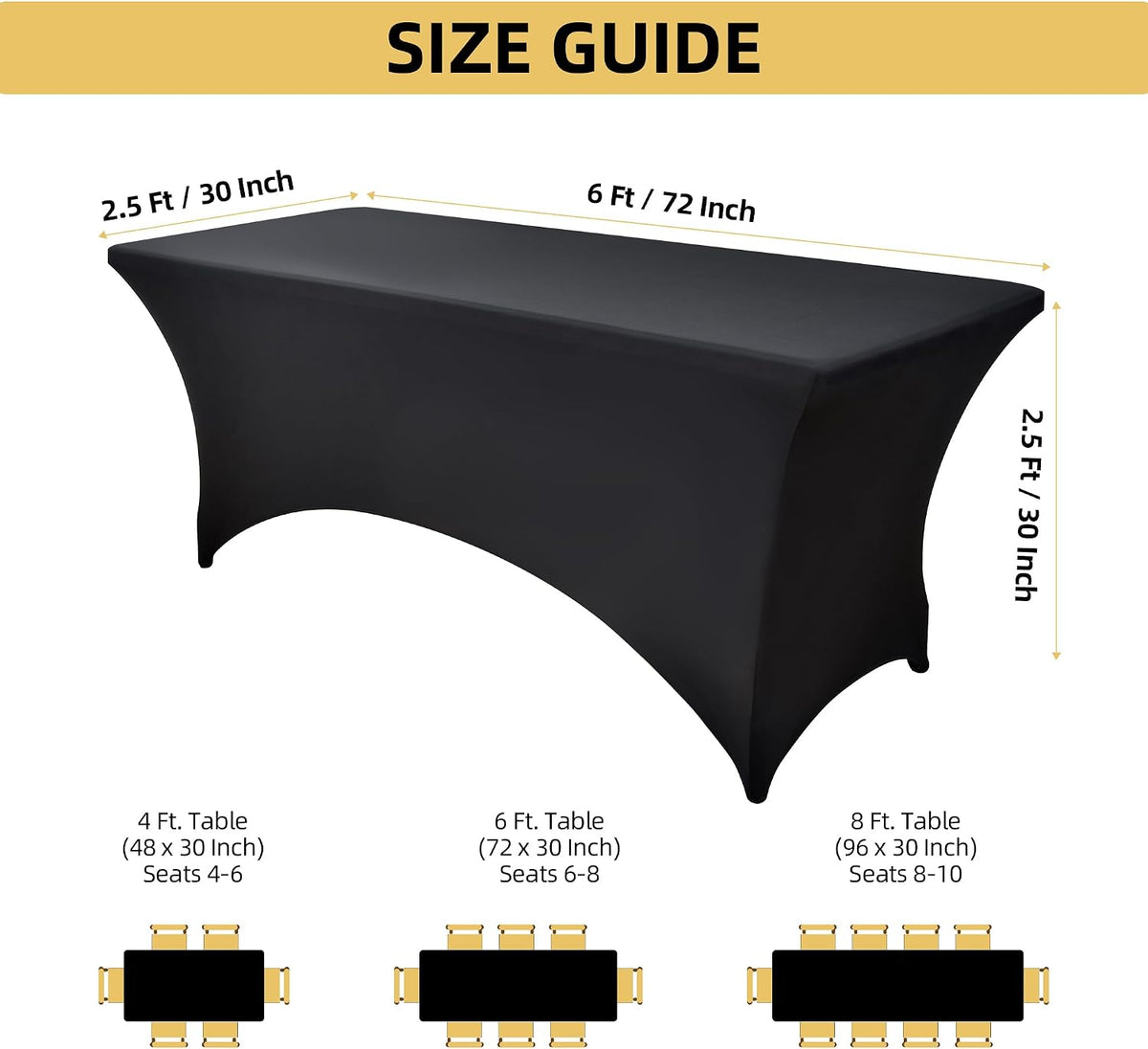 2-Pack 6ft Black Spandex Table Covers for Rectangle Standard Folding Tables - Wrinkle Resistant Stretch Tablecloths