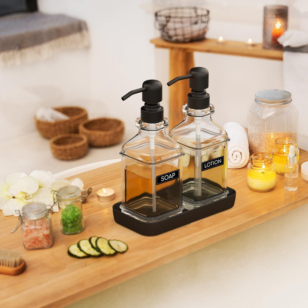 Soap Dispenser - 2 Pack, Antique Design Thick Glass Hand Soap Dispensers with Sturdy Tray; 304 Rust Proof Stainless