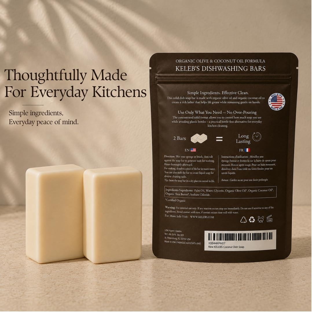 Unscented Natural Dish Soap Bar, Organic Coconut, Non-Toxic, 2-Pack