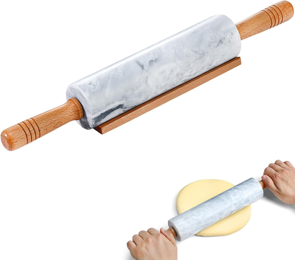 Marble Rolling Pin - 18.9" Marble Rolling Pins for Baking, Pastry, Pizza Dough & More - Polished Non-Stick Surface