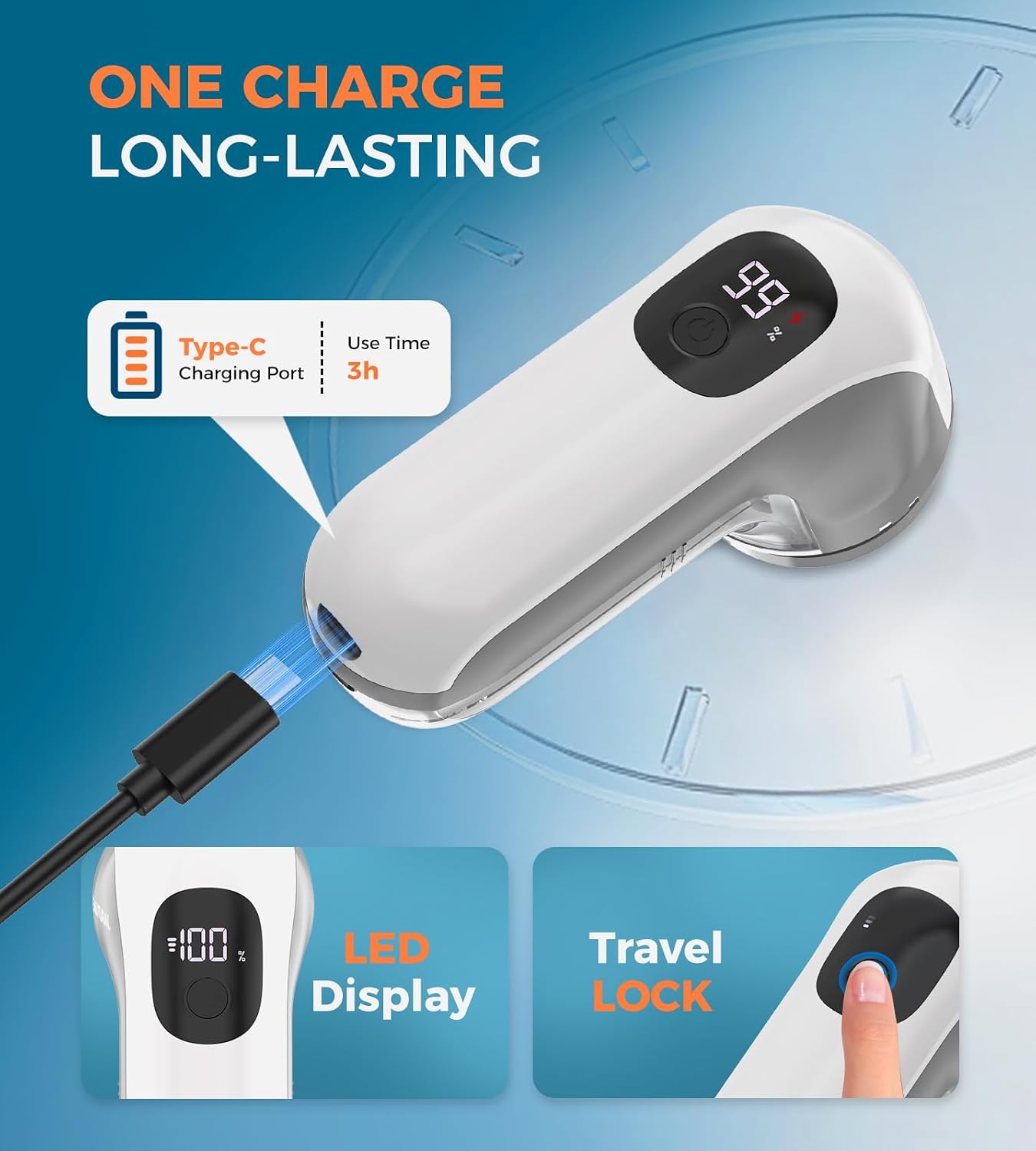Fabric Shaver and Lint Remover, Portable Sweater Defuzzer | Rechargeable, 3 Speeds, 6 Leaf Blades, Digital LED