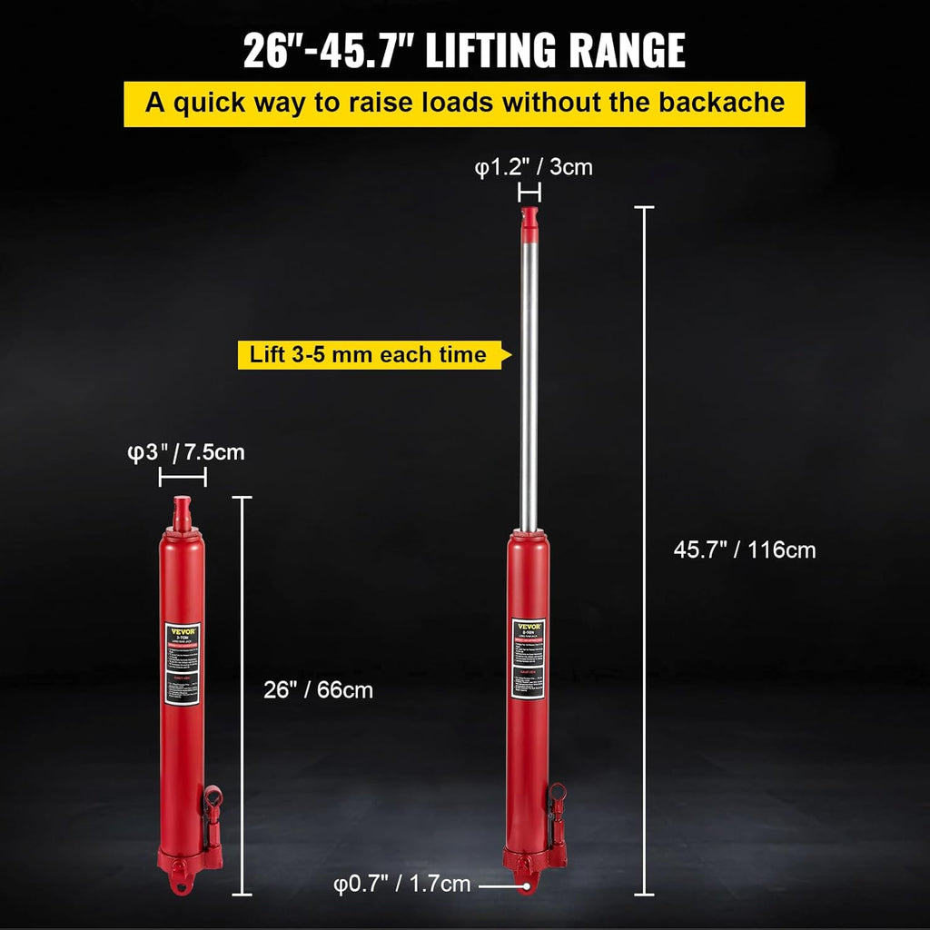 Hydraulic Long Ram Jack, 8 Tons/17363 lbs Capacity, with Single Piston Pump and Clevis Base, Manual Cherry Picker