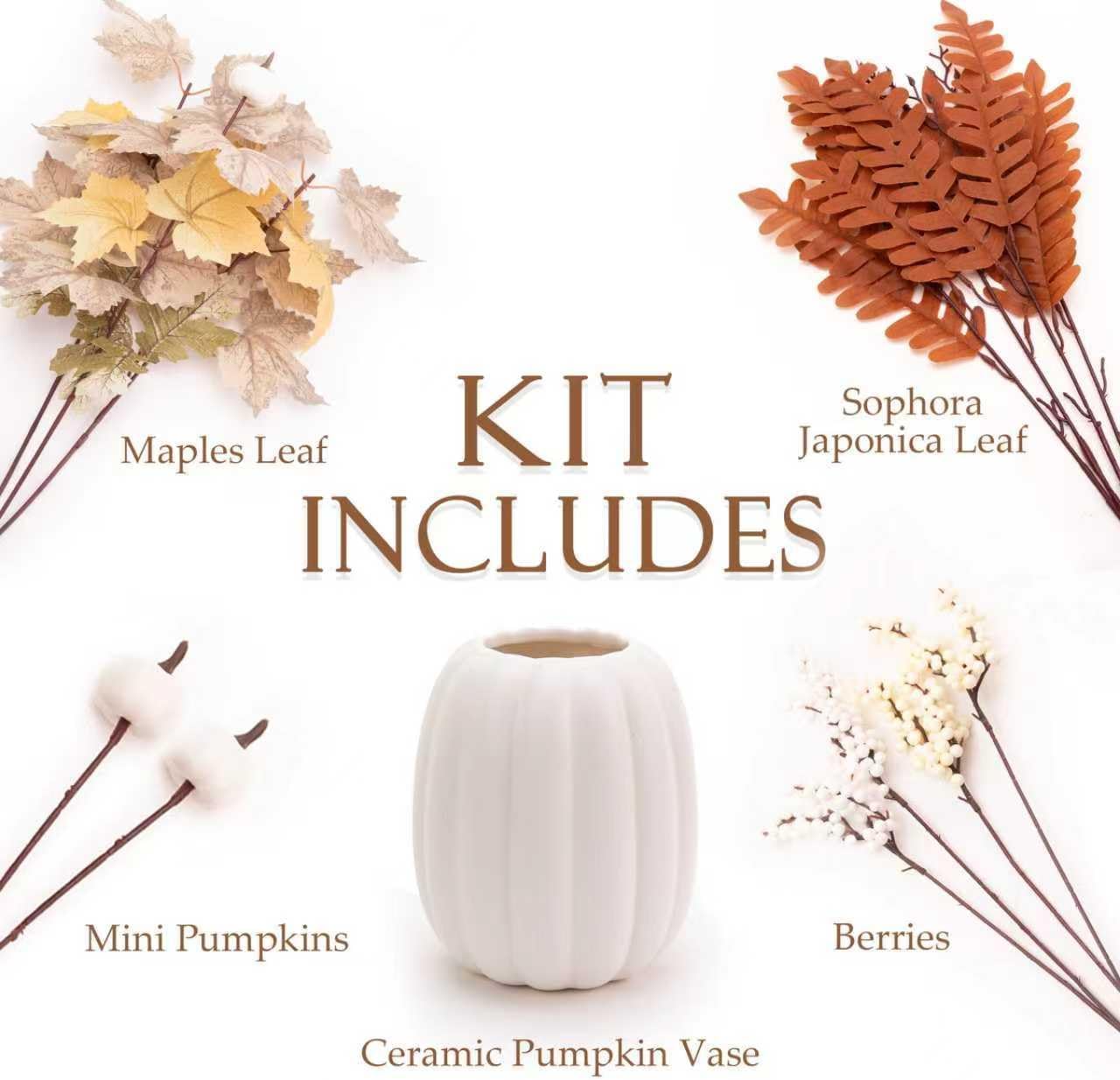 Fall Decor - Ceramic Pumpkin Vase with 15 PCS Autumn Maple Leaf Pumpkin Berry Stems - Table Centerpieces Thanksgiving