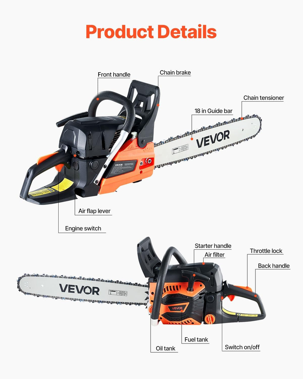 Gas Chainsaw 52CC 2-Cycle Gasoline Powered Chainsaw 18 Inch Handheld Cordless Petrol Chain Saws For Forest, Wood