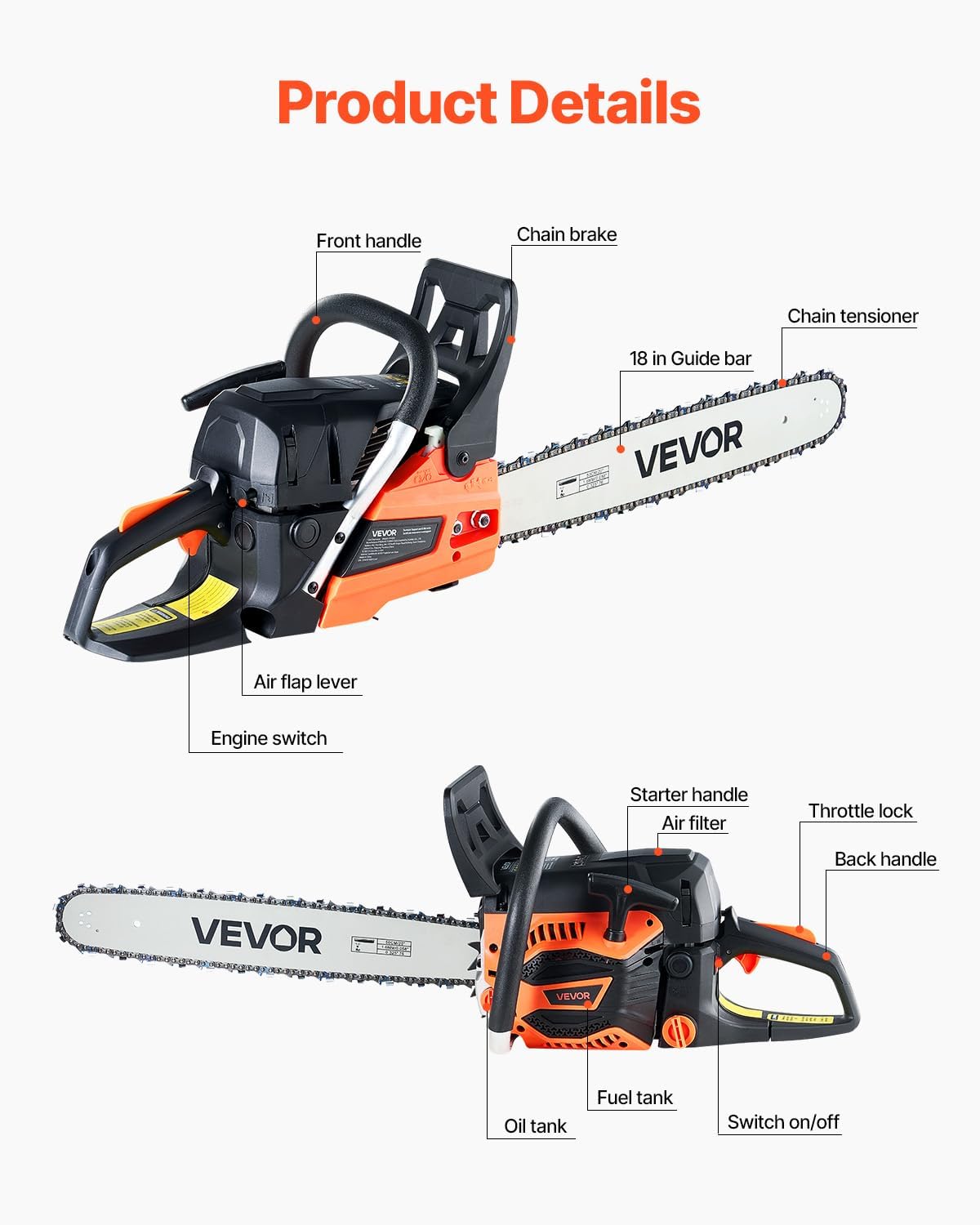 Gas Chainsaw 52CC 2-Cycle Gasoline Powered Chainsaw 18 Inch Handheld Cordless Petrol Chain Saws For Forest, Wood