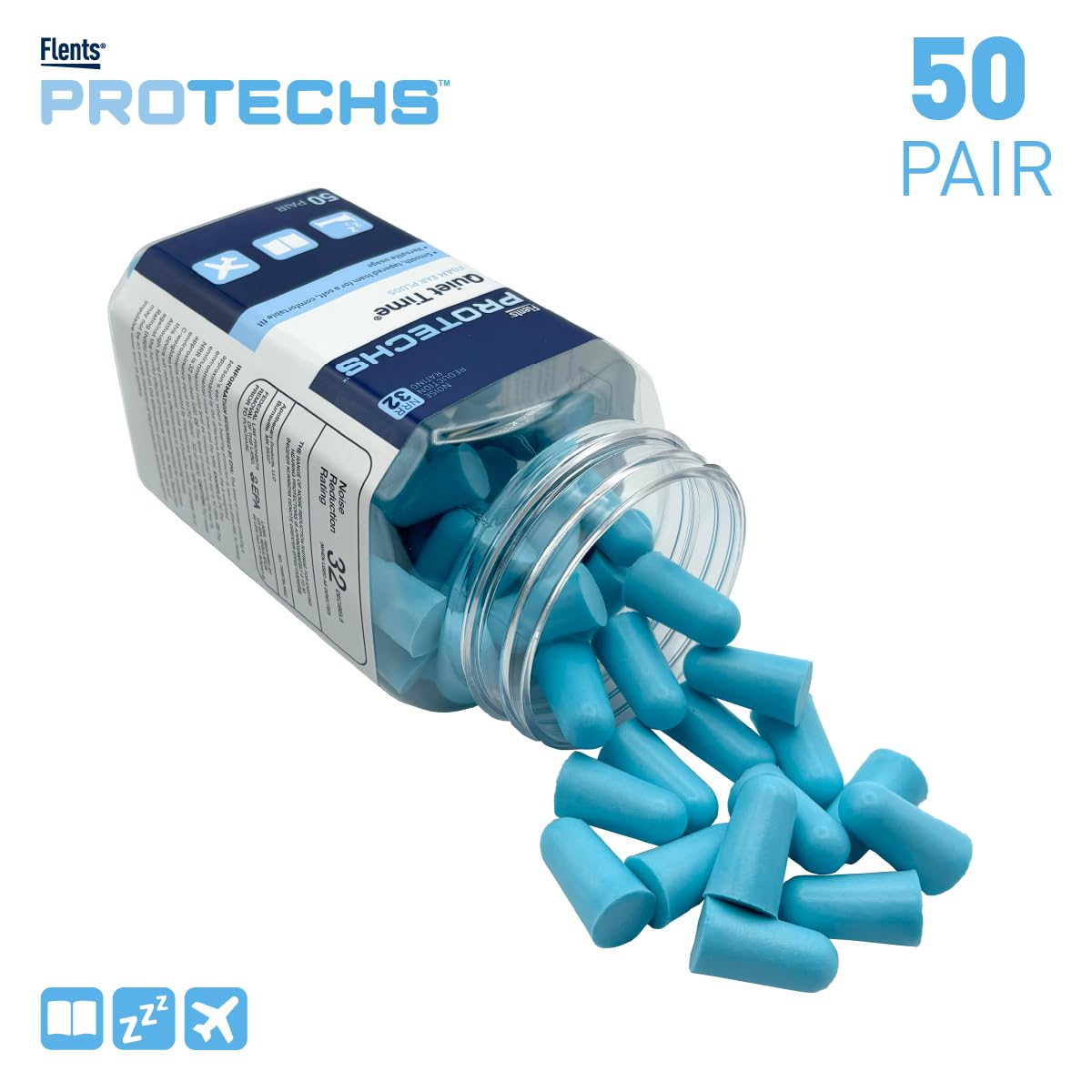 Protechs Quiet Time Foam Ear Plugs, NRR 32, 50 Pair, Blue