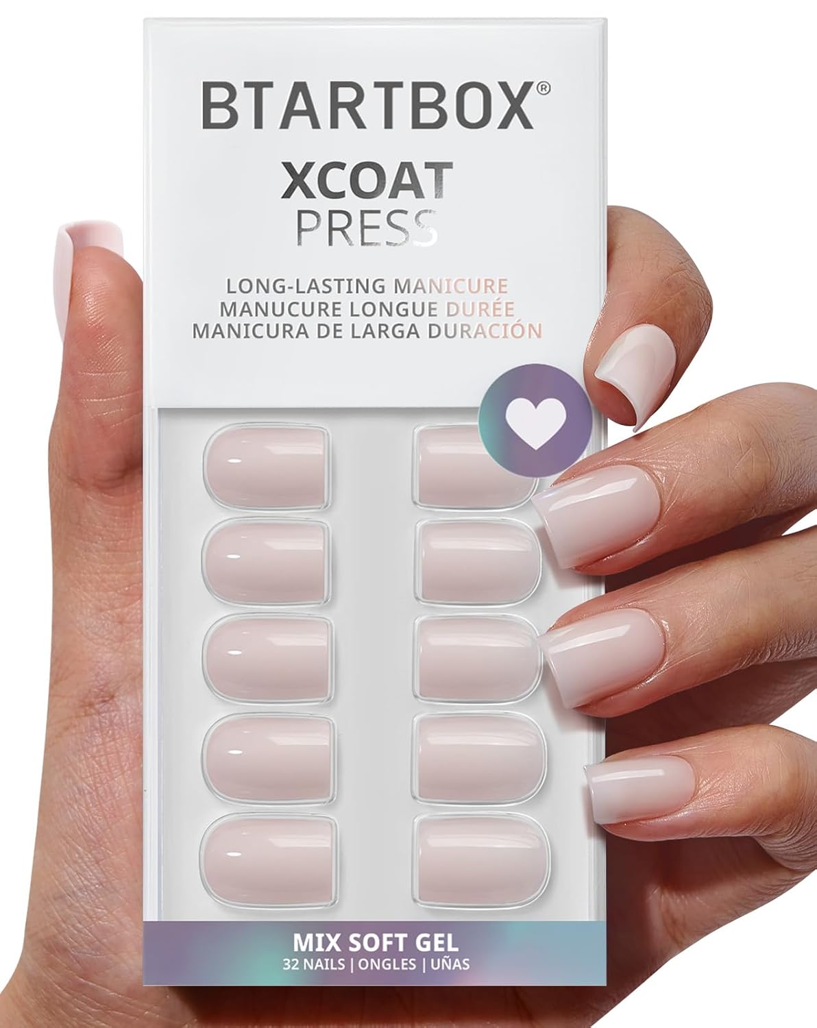 Press On Nails, Short Square Milky Pink Fake Nails, 32Pcs Full Kit