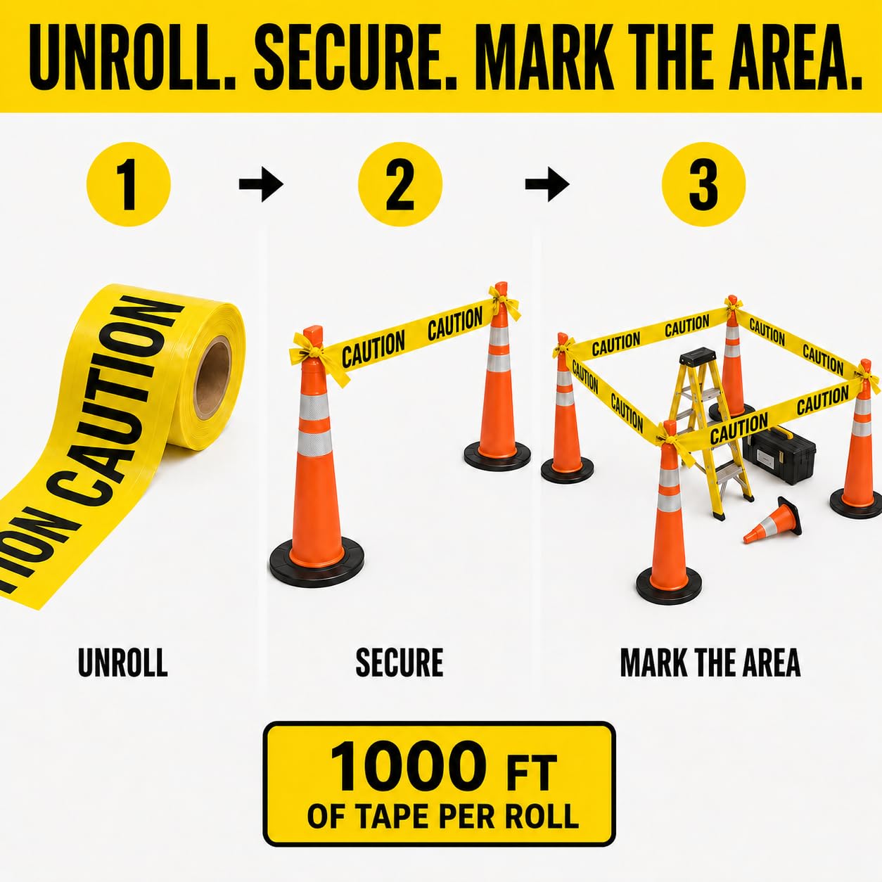 Yellow Caution Tape Roll Bulk, 6 Rolls x 1000ft, 6000 ft, 3" Wide | 6000 Ft Bulk Coverage, High-Visibility, Heavy
