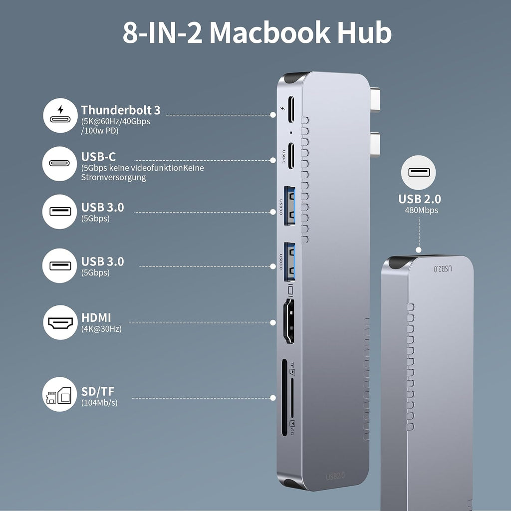 USB C Hub Adapter for MacBook Pro/Air Docking Station 8-in-2 for Mac Book Accessories Dongle HDMI 4K@30Hz