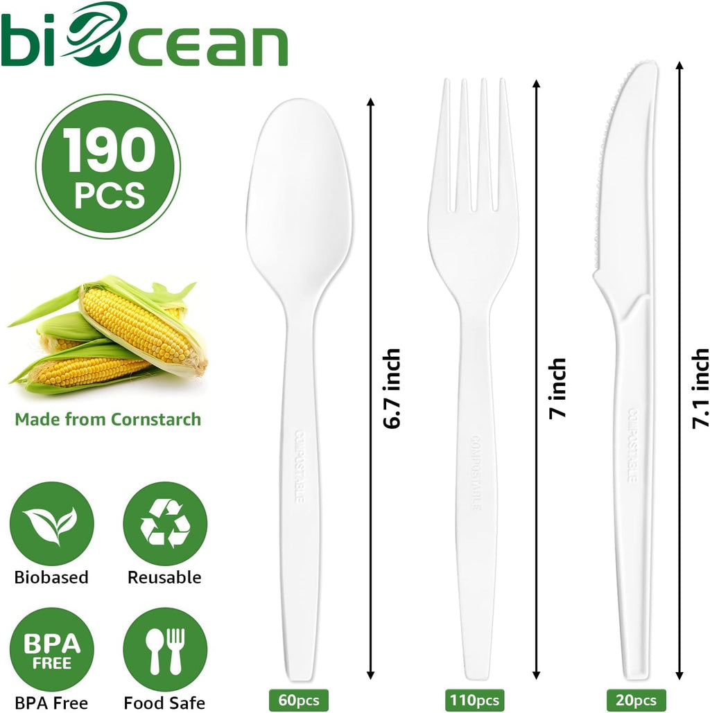 Extra Heavyduty Compostable Cutlery Set - 190 Count Large Disposable Utensils No Plastic Forks Spoons Knives
