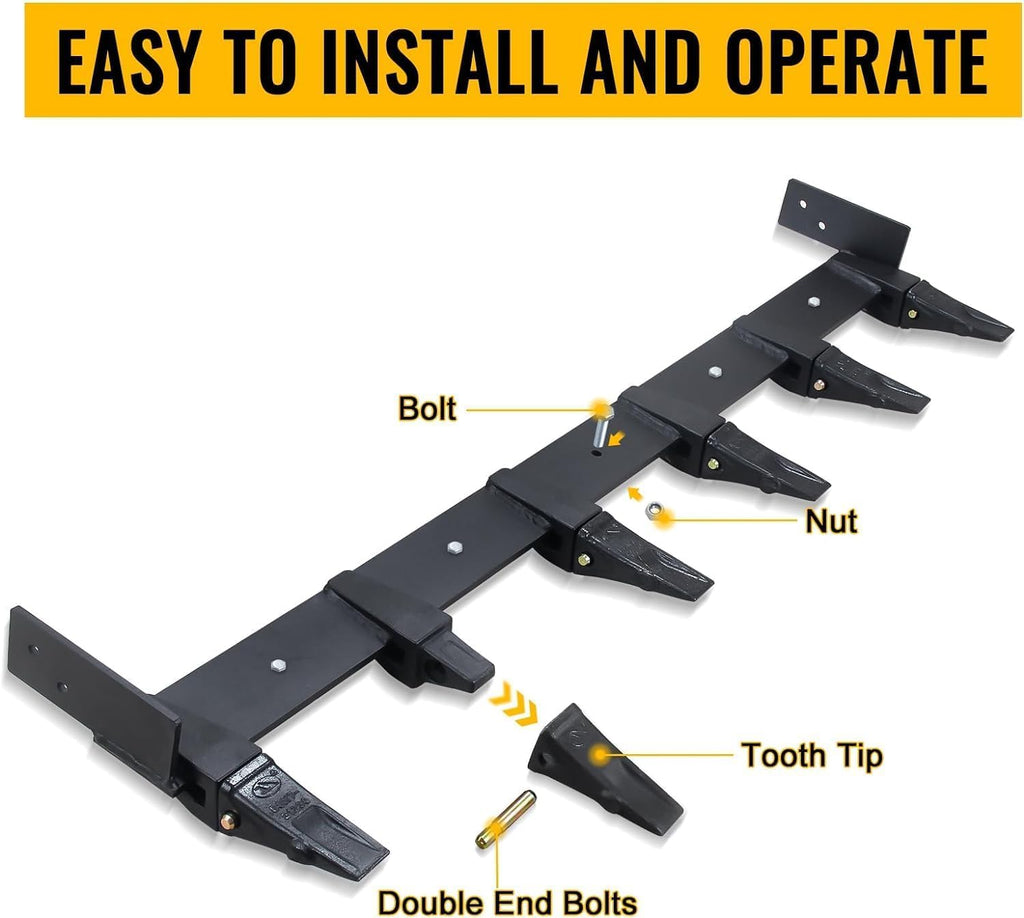 Bucket Tooth Bar, 59" Tractor Bucket Teeth, Steel Bucket Tooth Kit for Loader Tractor, Bolt On Design for Bucket Protection and Soil Excavation