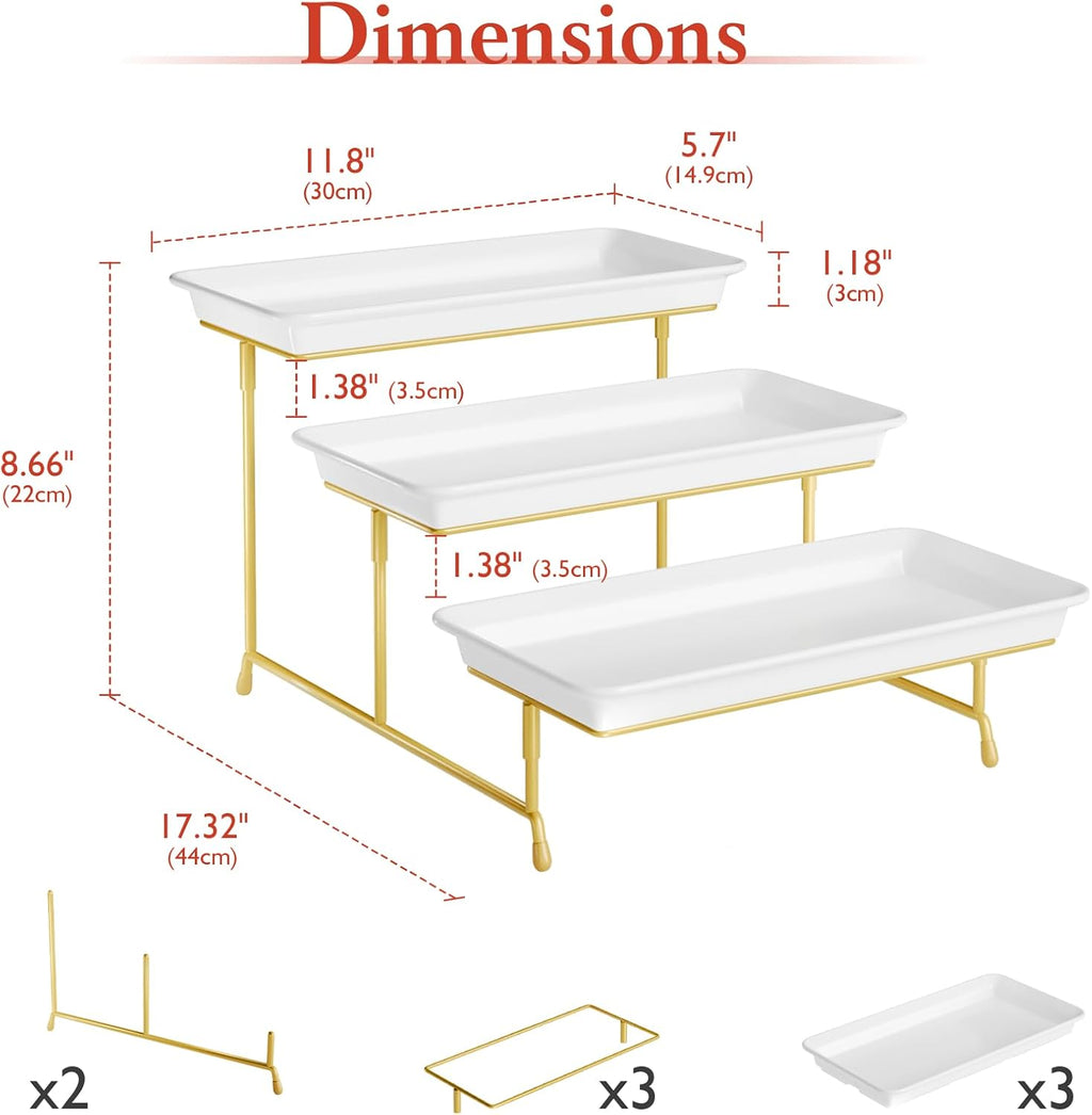 3-Tier Melamine Serving Tray Set, 11.5 x 5.6 in, Gold Stand