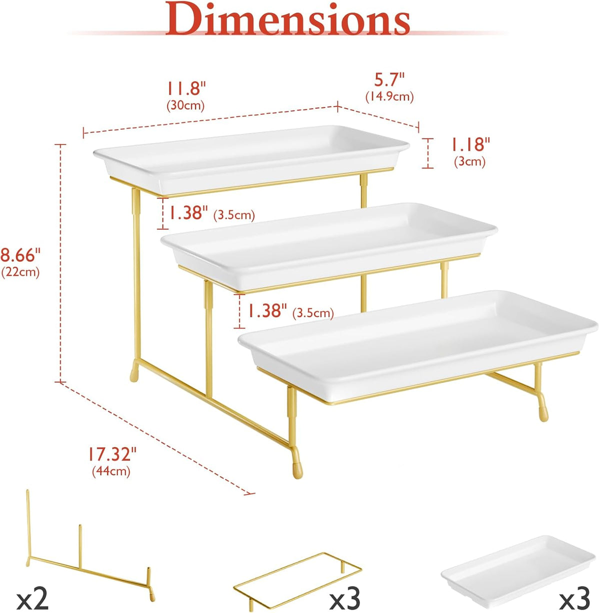 3-Tier Melamine Serving Tray Set, 11.5 x 5.6 in, Gold Stand