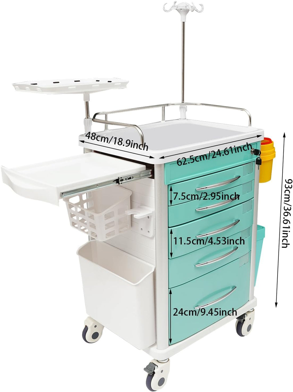Medical Rolling Crash Cart with Accessories-CPR Board, 2 Trash Bin, Drawers with Dividers, Mobile Medical Cart for