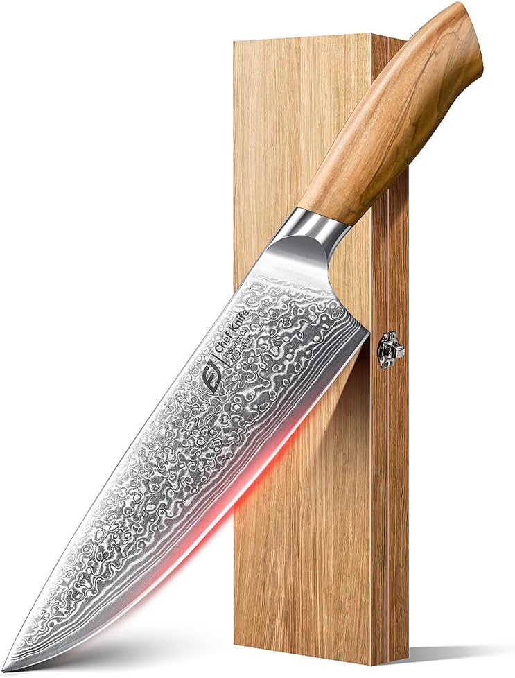 8-Inch Damascus Chef Knife, 67-Layer Japan Steel, Olive Wood Handle