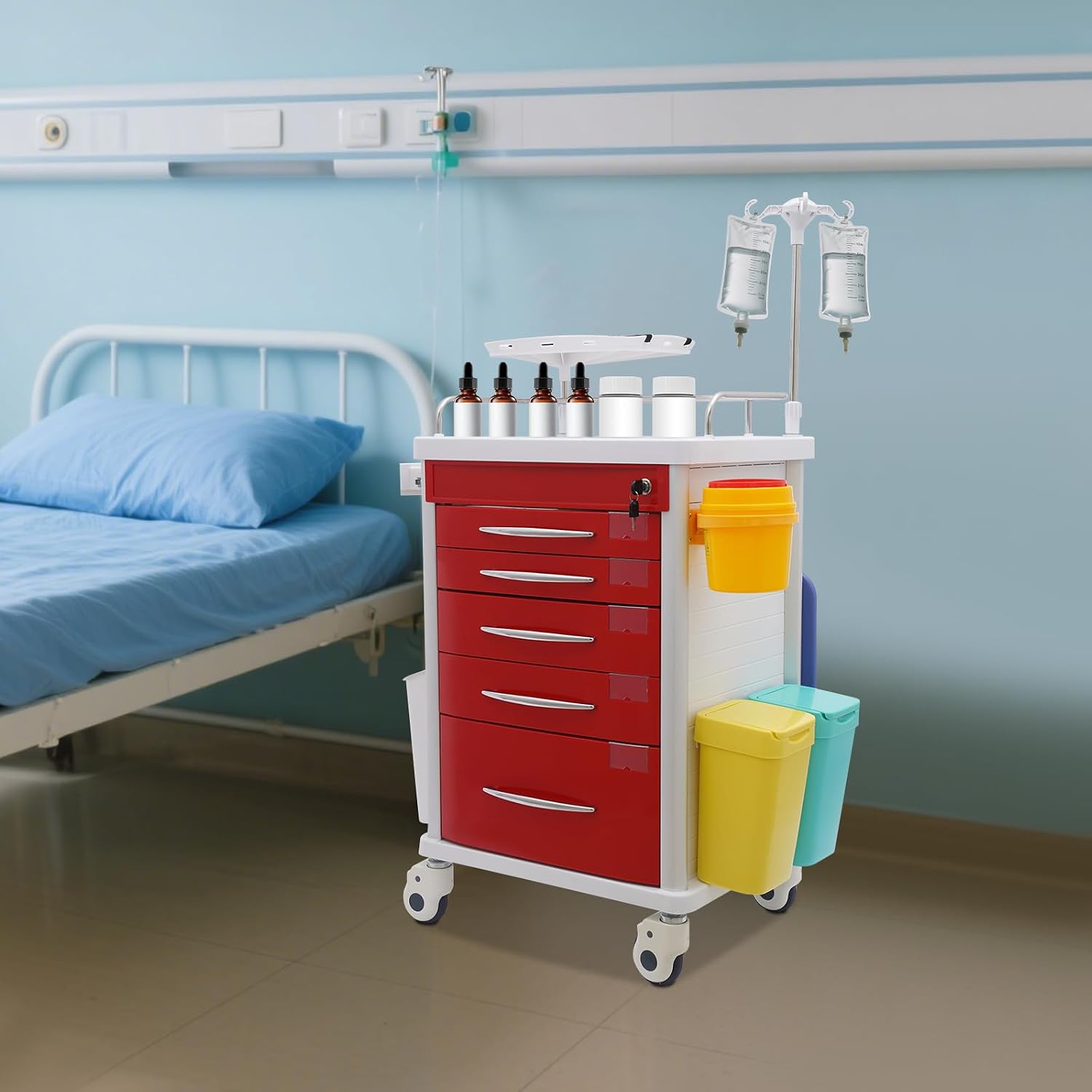 Medical Rolling Crash Cart with Accessories-CPR Board, 2 Trash Bin, Drawers with Dividers, Mobile Medical Cart for