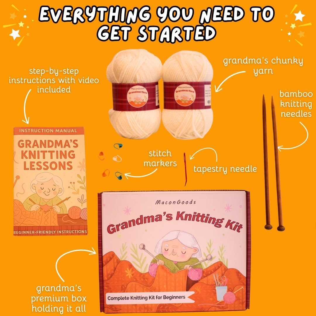 Grandma's Knitting Kit - Complete Knitting Kit for Beginners - Includes Beginner Yarn, Bamboo Needles, Video