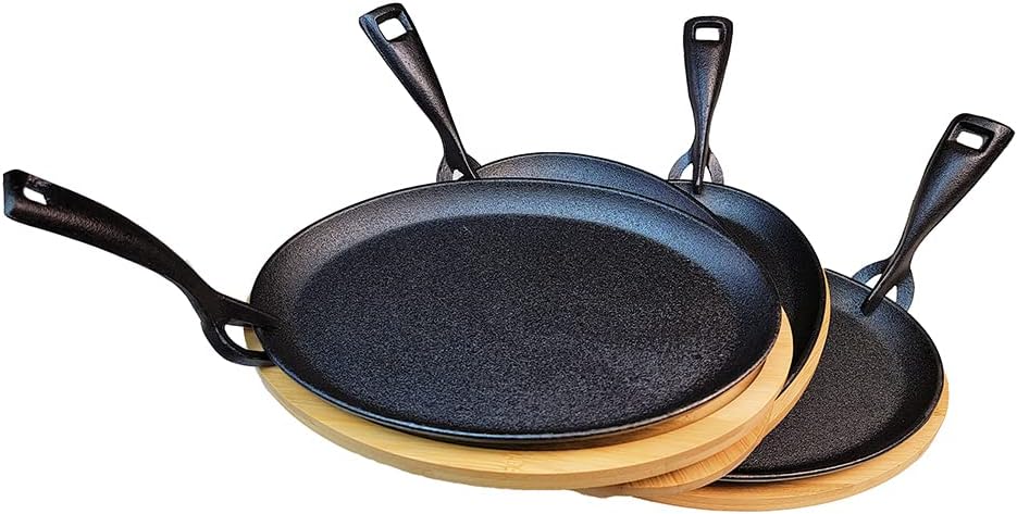 Cast Iron Fajita pan with Bamboo Tray and Handle Set of 4
