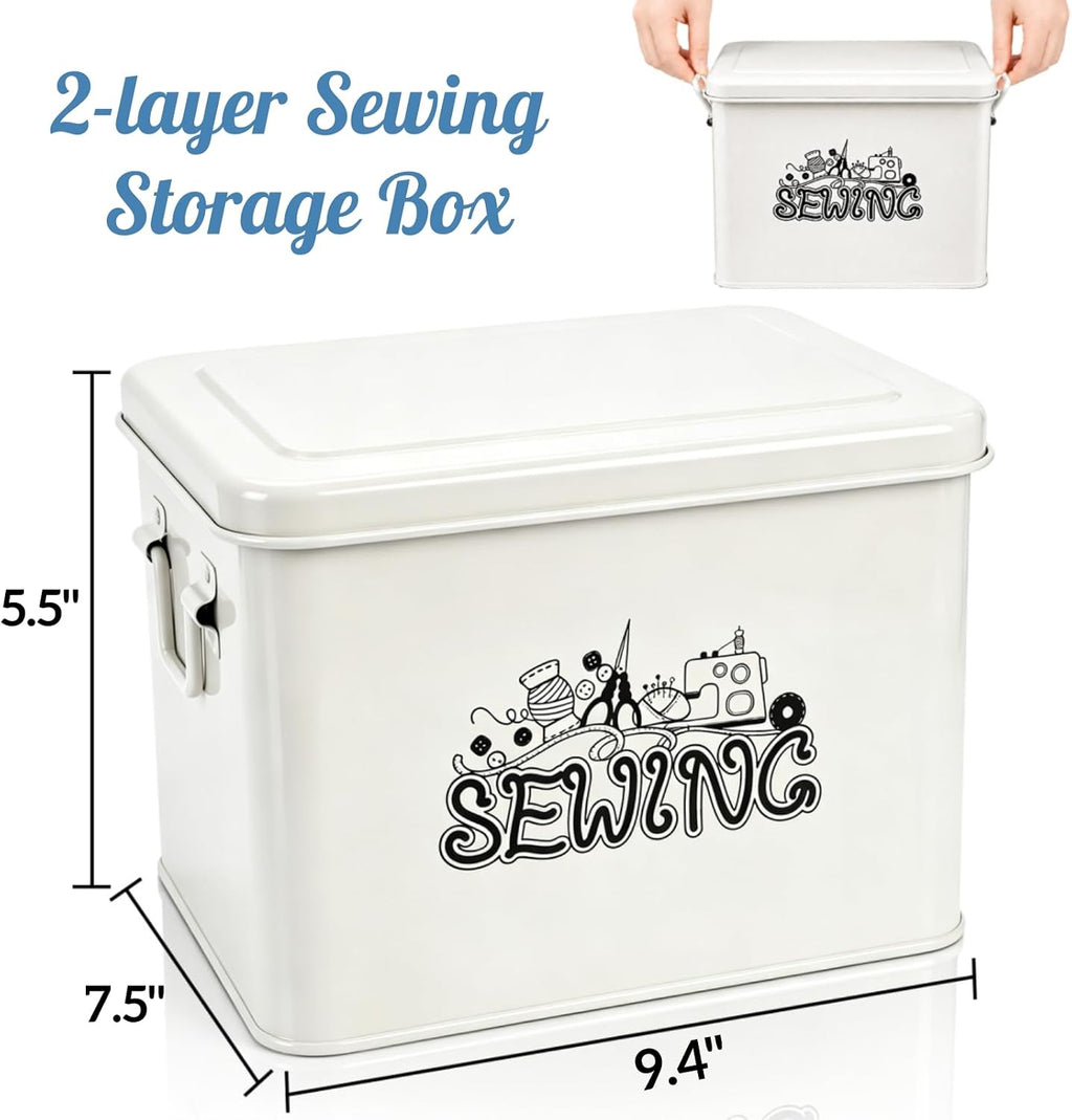 Metal Sewing Box, Sewing Basket Organizer with Handles, 2 Tier Sewing Kit Storage Box with Removable Tray, 4