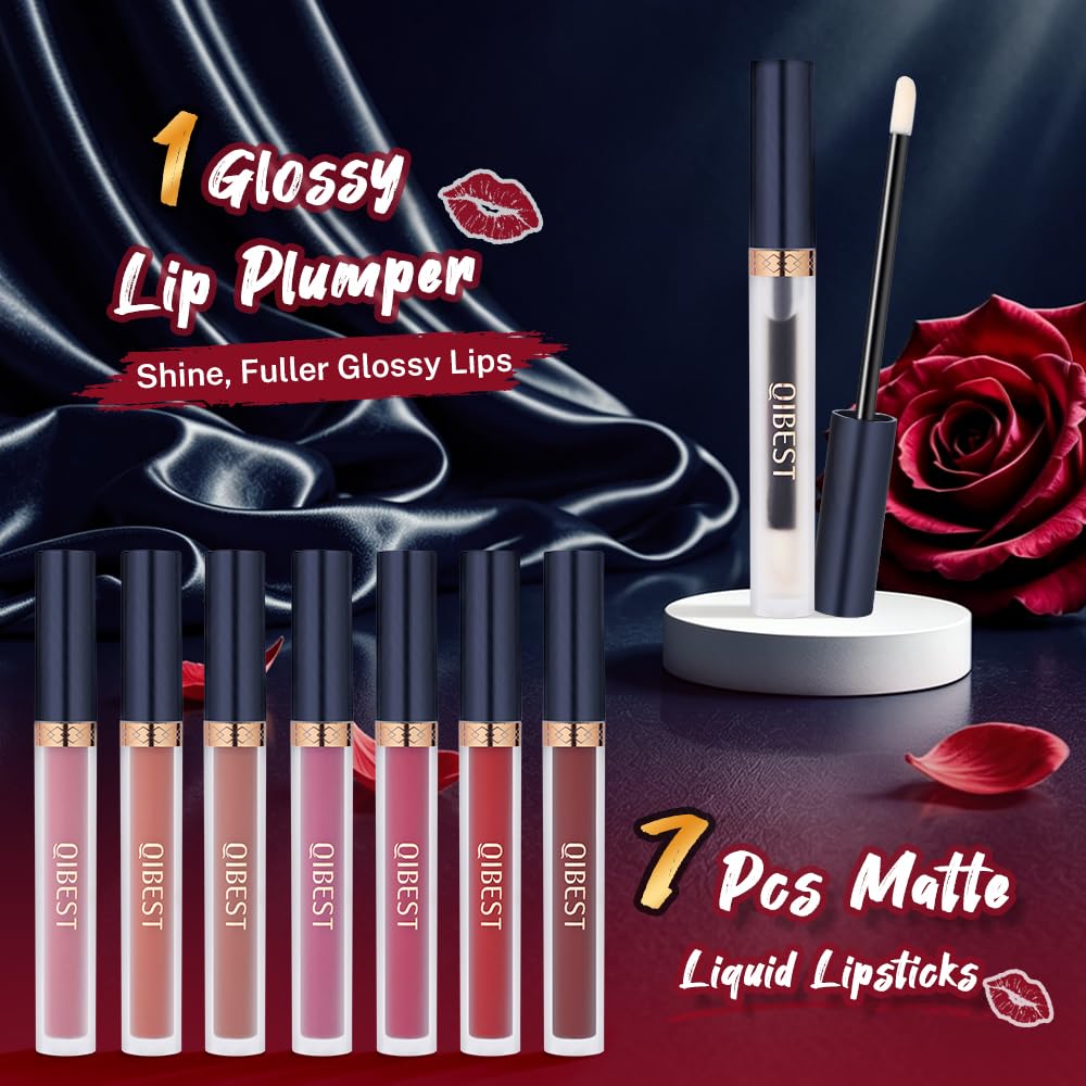7Pcs Matte Liquid Lipstick + 1Pcs Lip Plumper Makeup Set Kit, Pigmented Long Lasting Lip Gloss Set, Velvet Waterproof