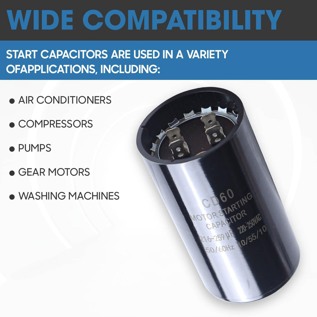 Seentech 216-259 uf/MFD 220-250 VAC ±20% CD60 Round Motor Start Capacitor 50/60 Hz AC Electric Motor Universal Fit for AC Motor Run or Fan Start and Cool or Heat Pump Air Conditioner