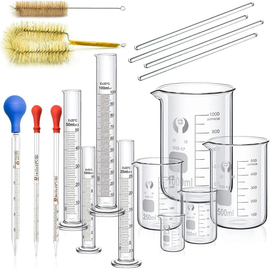 Glass Beakers Cylinder Pipettes Lab Glassware Set 18 Pieces | 5 Beakers 50/100/250/500/1000ml, 4 Graduated Cylinders