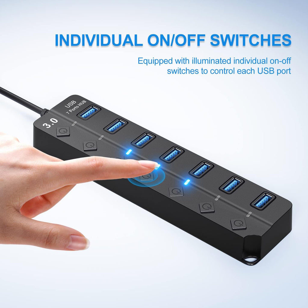 USB Hub 3.0, 7-Port USB A Splitter with Individual On/Off Switches and Lights, 3.2ft/1m Long Cable, Extender for A