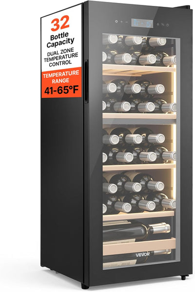 32 Bottle Wine Fridge, Freestanding Wine Cooler Refrigerator, Dual Zone Cooler, 41℉ to 65℉ Adjustable Temp Mini