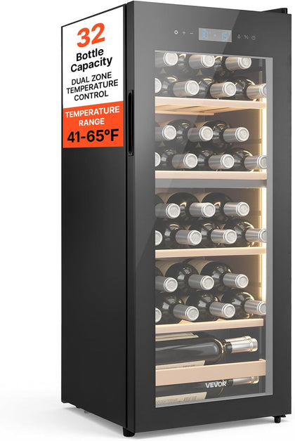 32 Bottle Wine Fridge, Freestanding Wine Cooler Refrigerator, Dual Zone Cooler, 41℉ to 65℉ Adjustable Temp Mini