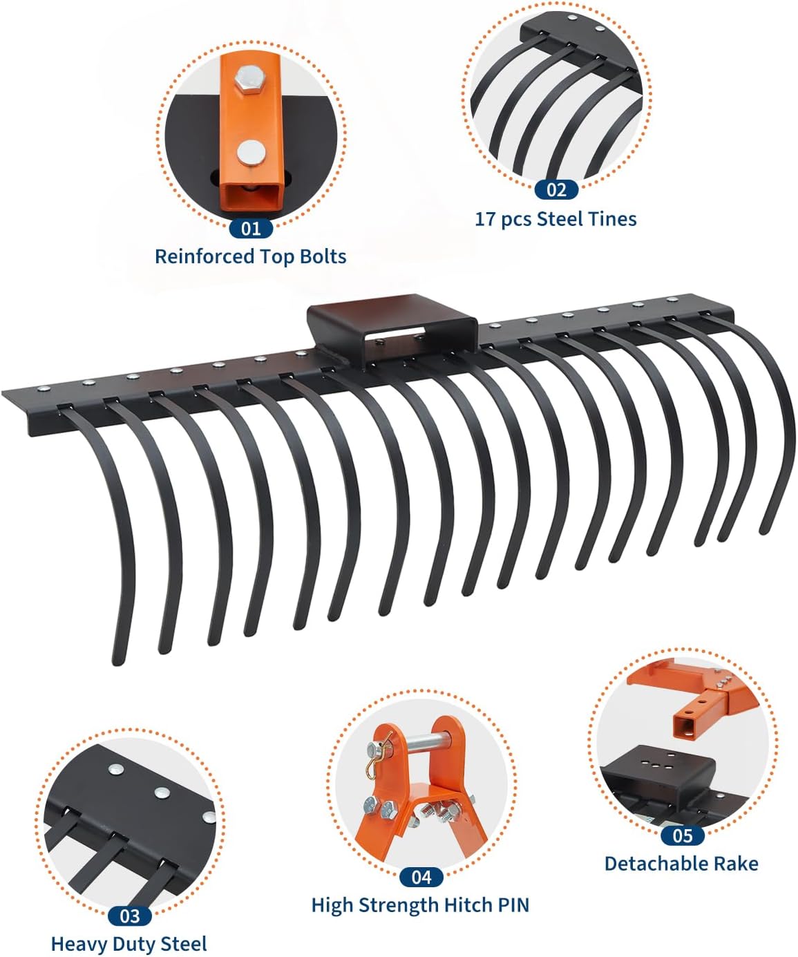 3 Point Hitch Tractor Rake, 50" Landscape Rake Category-0 Cat-1 Tractor | with 360 Degree Rotation,Replaceable Spring