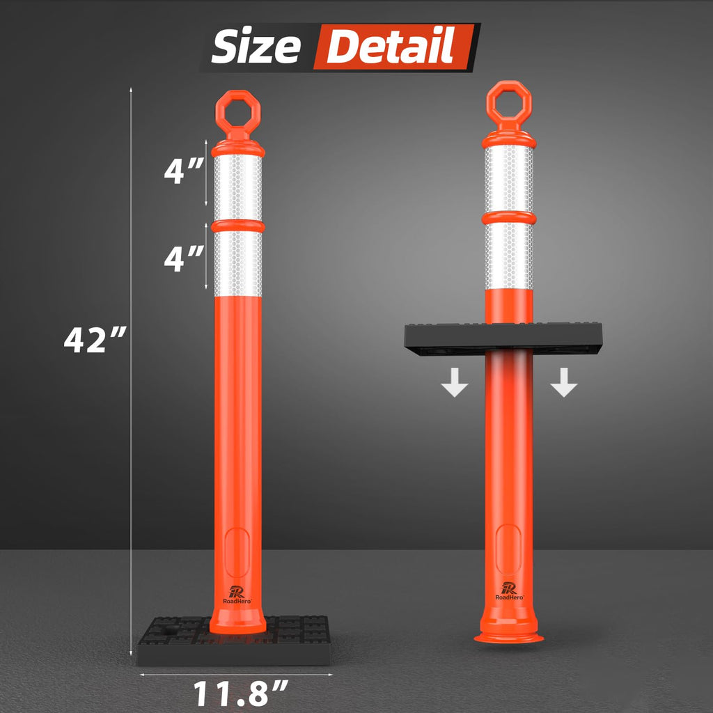 42 Inch Orange Traffic Delineator Post Cones with Base, 3 Pack | Portable Safety Traffic Posts, Reflective Collars