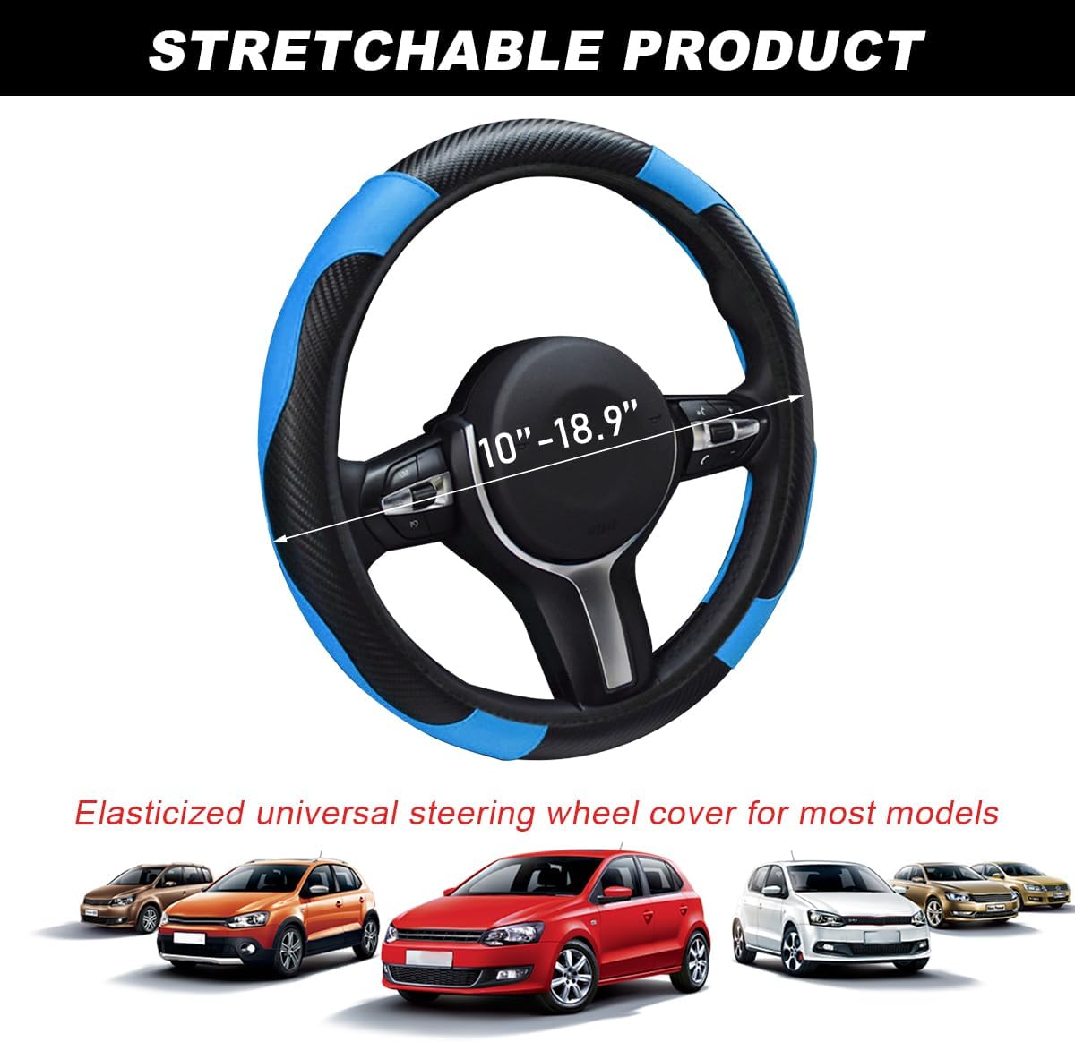 Car Steering Wheel Cover, 15 Inch Carbon Fiber Leather Stitching Color Steering Wheel Protector, Anti-Slip Elastic