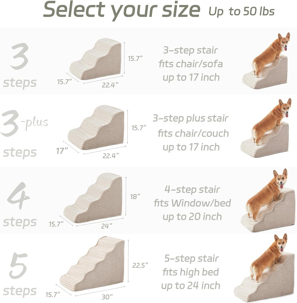 Dog Stairs for Small Dogs & Cats 15.7" H, High Density Foam Dog Steps Ramp for Couch Sofa and Chair, Pet Stairs with