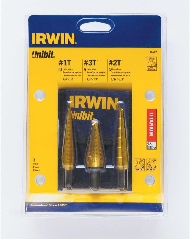 Irwin Tools IRWIN Unibit 502T Step Drill Bit Set with Nylon Pouch, Titanium Nitride Coated, 3pc (15502)