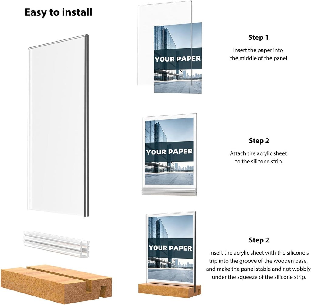 Acrylic Sign Holder with Wood Base, Dual Slot Design L/T Shape Tabletop Display Stand, Vertical Double-Sided & Slant