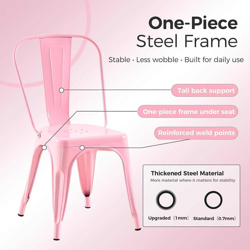 Metal Dining Chairs with Backrest, Stackable, Pink, 4 Pack