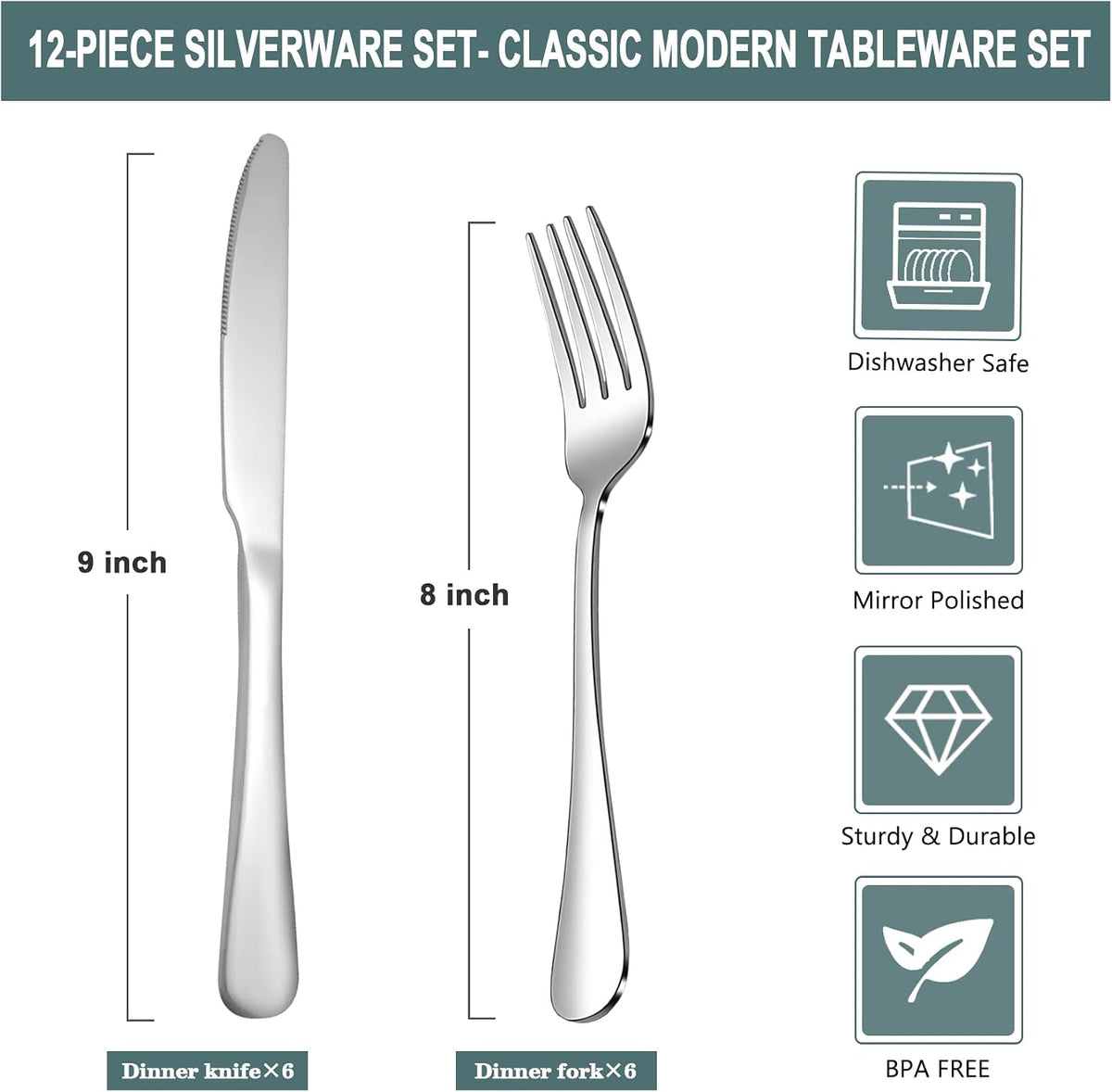 24 Pcs Silverware Set with 12 Dinner Knives and 12 Dinner Forks,Flatware Set with Top Food Grade Stainless
