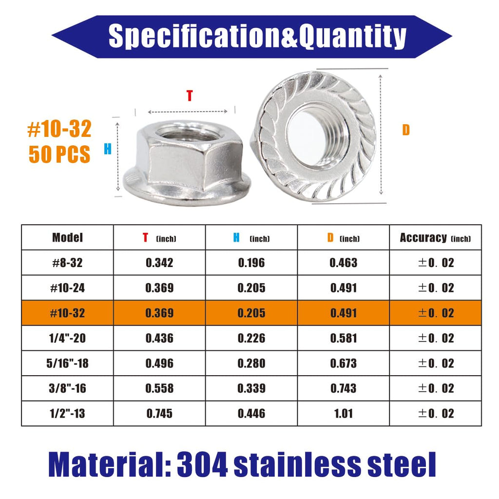 #10-32 Flange Nut,50 Pcs,304 Stainless Steel Hex Serrated Flange Lock Nut