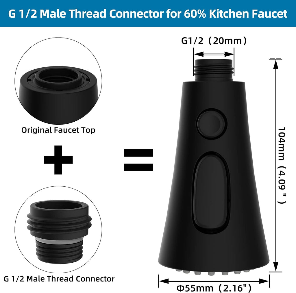 Universal Kitchen Faucet Head Replacement, 3 Modes, 15 Adapter Kit, Black