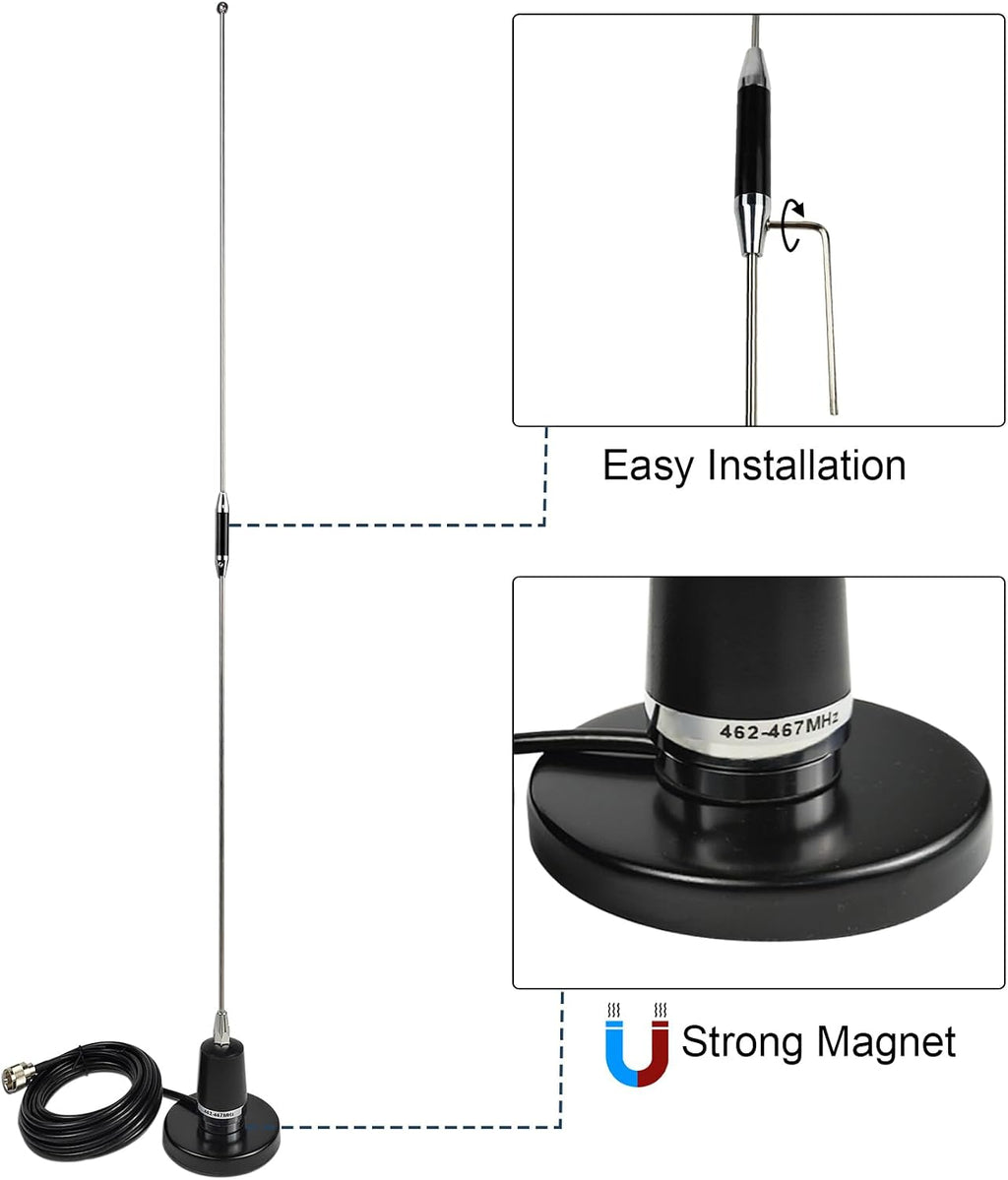 GMRS NMO Antenna 462-467Mhz UHF Mobile Whip Antenna with Magnetic Base 13ft RG58 Cable PL-259 SMA Female Connector