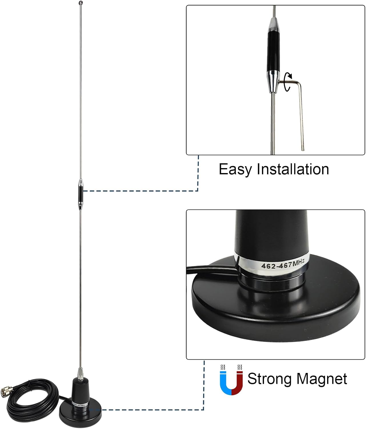 GMRS NMO Antenna 462-467Mhz UHF Mobile Whip Antenna with Magnetic Base 13ft RG58 Cable PL-259 SMA Female Connector