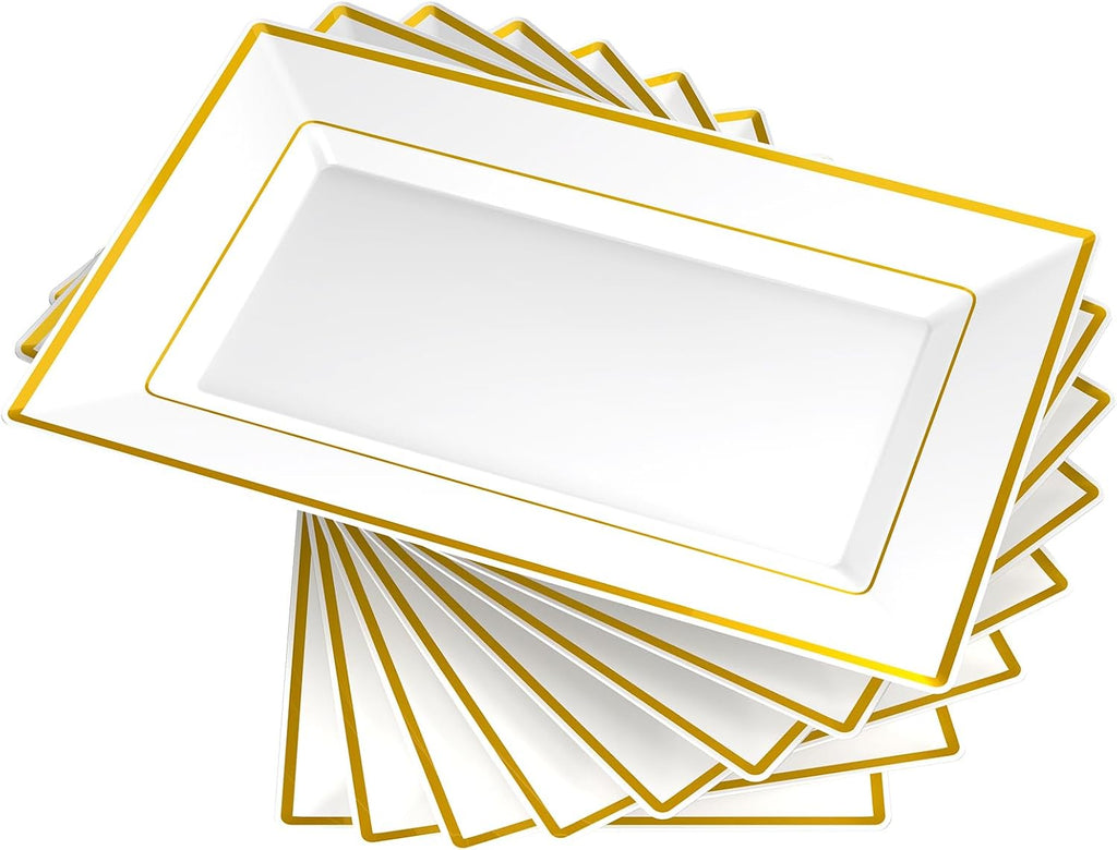 8 PCS Plastic Serving Trays for Party, White Gold Rim Platters