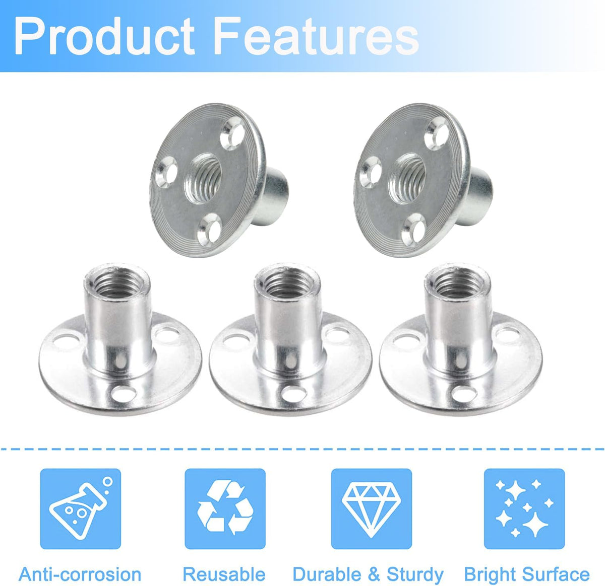 5Pcs M12 Brad Hole Tee Nut Zinc Plated Carbon Steel