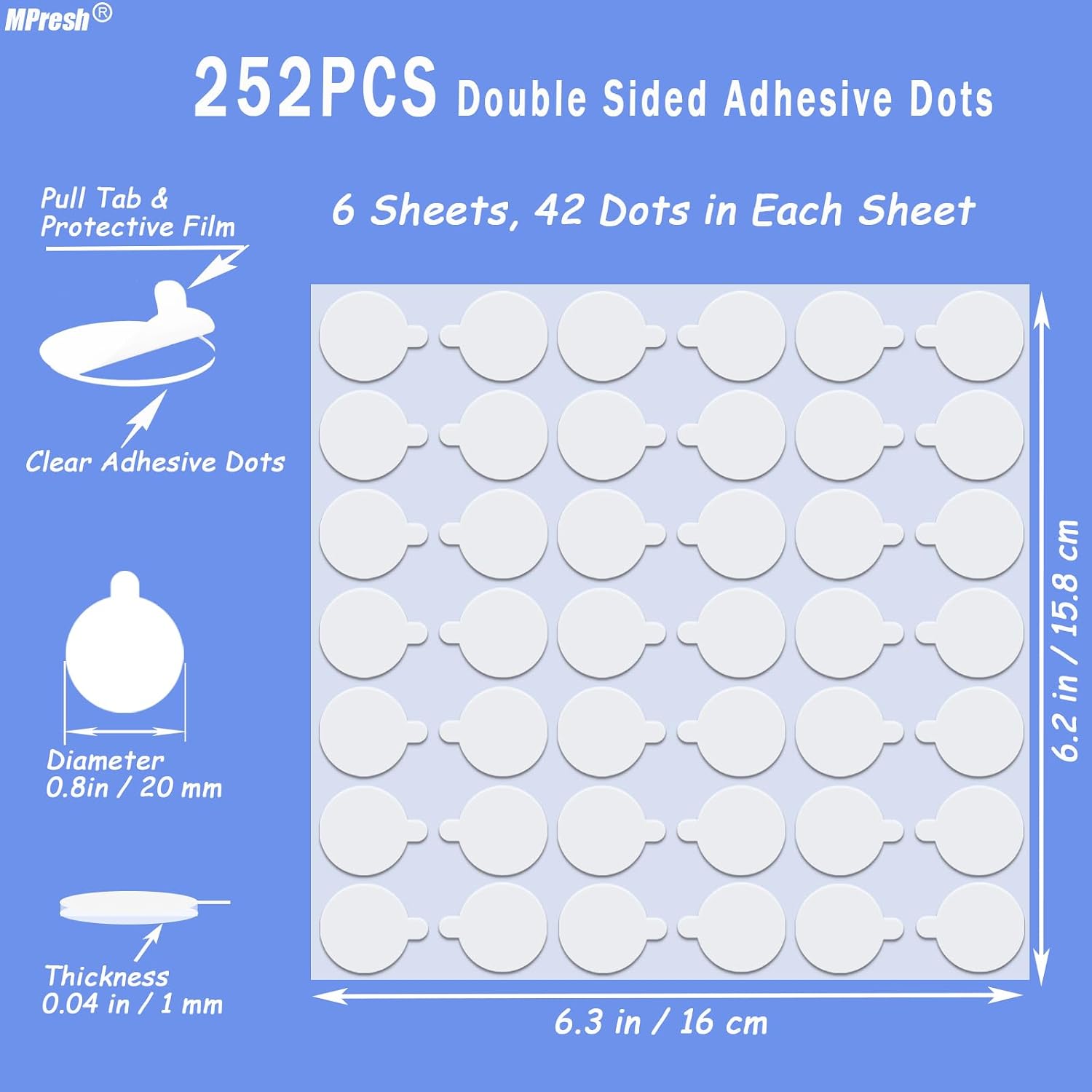 Double Sided Tape, Adhesive Dots (252Pcs, 0.79"), Sticky Tack, Poster Putty