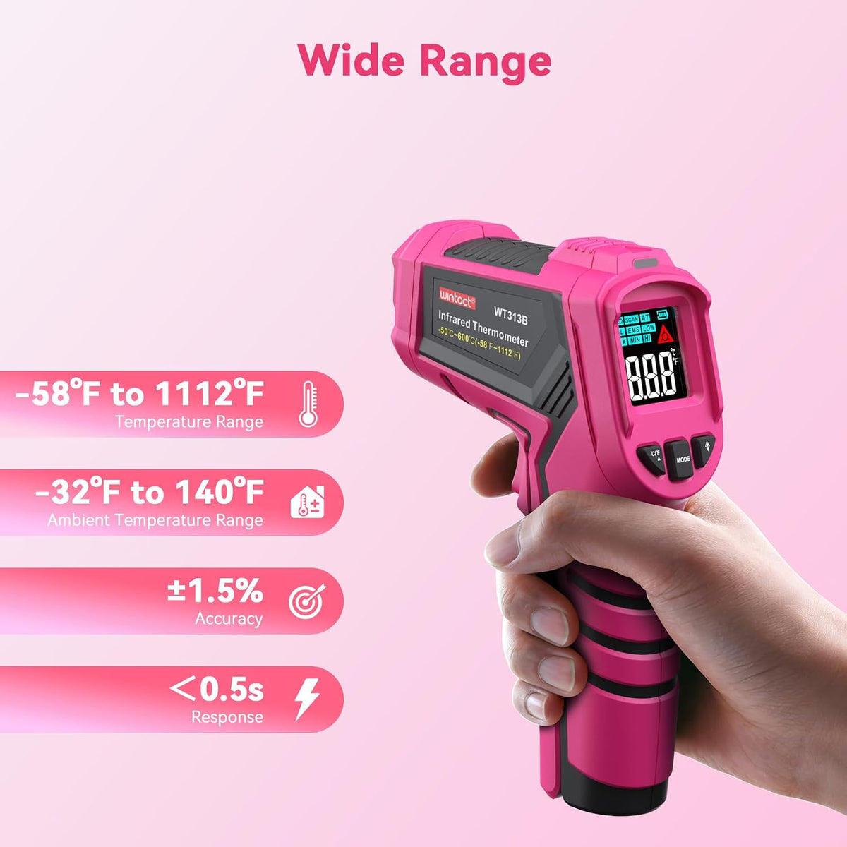 Infrared Thermometer, Surface Temperature Gun Pink -58℉ to 1112℉