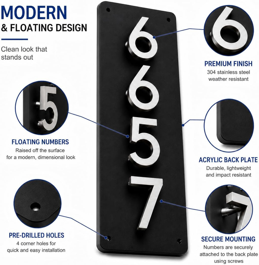 Custom House Numbers for Outside, Modern Address Plaque for House | 5in 3D Floating Numbers, 10mm Back Plate