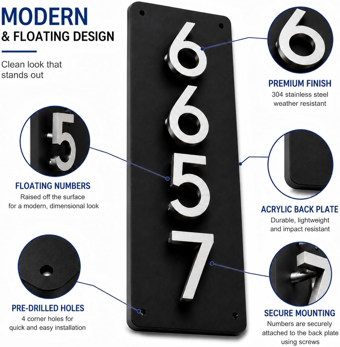 Custom House Numbers for Outside, Modern Address Plaque for House | 5in 3D Floating Numbers, 10mm Back Plate